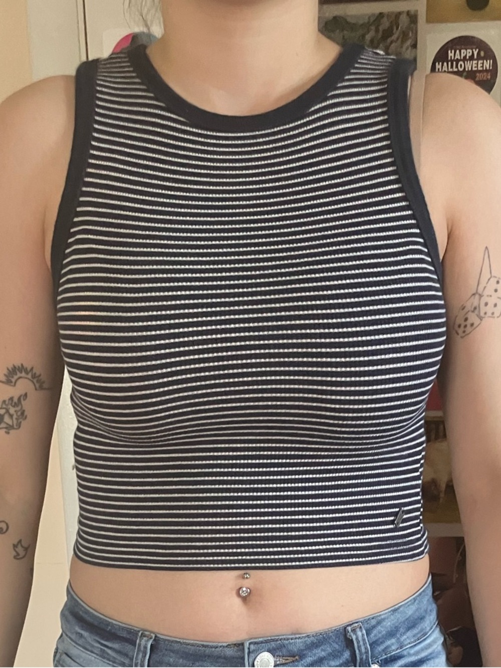 Striped Navy & White Ribbed Crop Tank Top